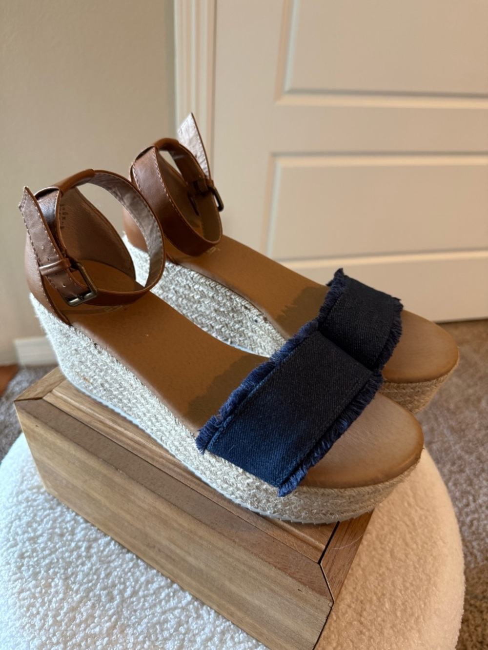 Brash Wedge Espadrille Sandals with Frayed Denim Strap and Brown Ankle Strap